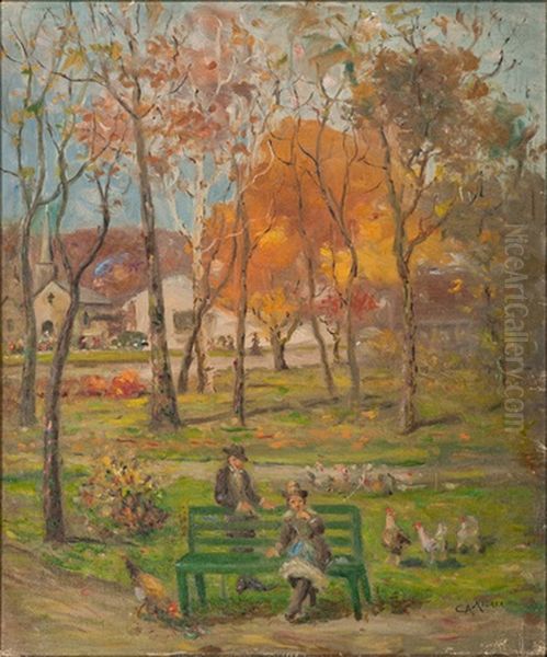Street And Park Scene, Possibly In Terrace Park, Ohio Oil Painting by Charles Alfred Meurer