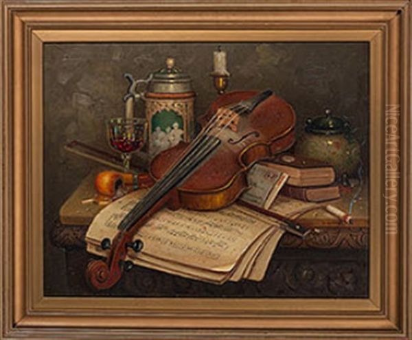 Still Life With Violin And Beer Stein Oil Painting by Charles Alfred Meurer