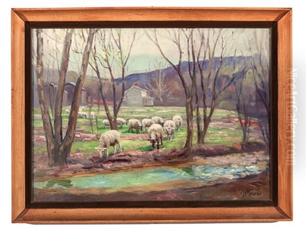 Pastoral Landscape With Sheep Oil Painting by Charles Alfred Meurer