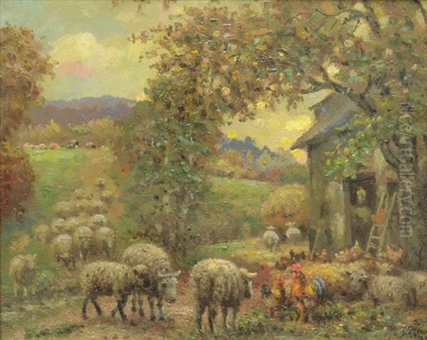 The Barnyard Oil Painting by Charles Alfred Meurer