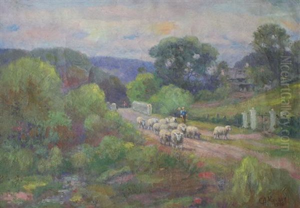 Landscape With Shepherd Tending His Flock Of Sheep Oil Painting by Charles Alfred Meurer