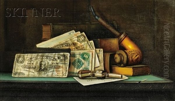 Trompe L'oeil Still Life With Currency, Pipe, And Pistol Oil Painting by Charles Alfred Meurer