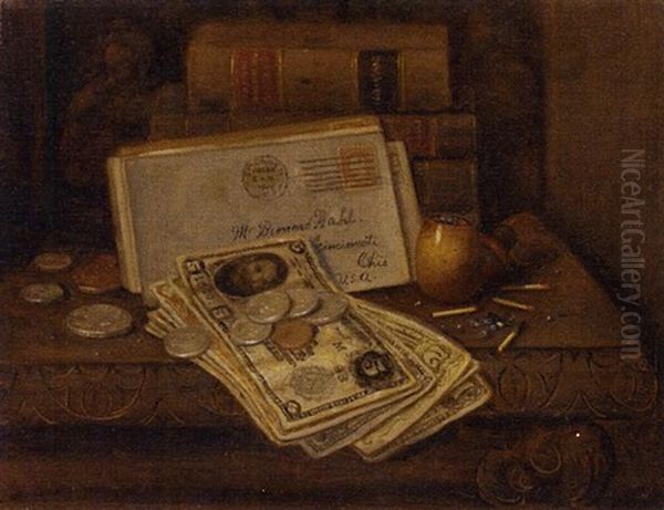 Still Life With Money, Pipe And Letters Oil Painting by Charles Alfred Meurer