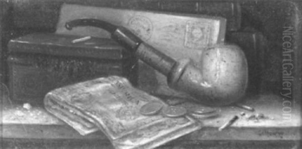 Trompe L'oeil Still Life Of Pipe And Currency Oil Painting by Charles Alfred Meurer
