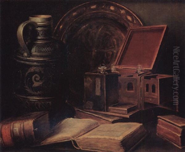 Still Life With Books, Jug And Tantalus Oil Painting by Charles Alfred Meurer