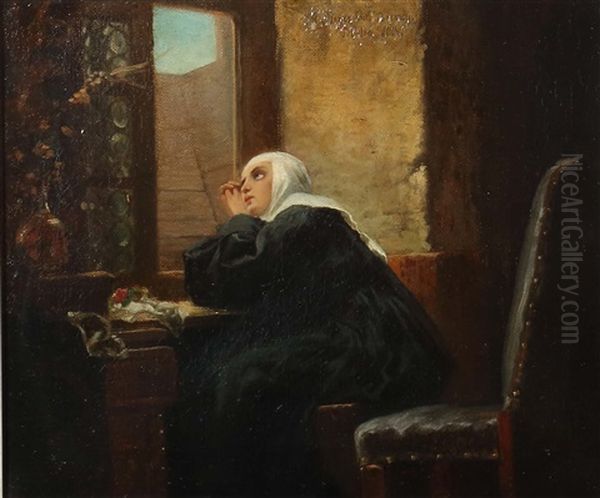 Nonne Am Offenen Fenster, In Der Stube, Den Blick Andachtig Nach Oben Gerichtet, Mit Gefalteten Handen Oil Painting by Johann Georg Meyer von Bremen