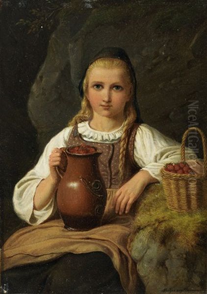 Junges Madchen In Tracht Mit Erdbeeren Im Korb Und Krug Oil Painting by Johann Georg Meyer von Bremen