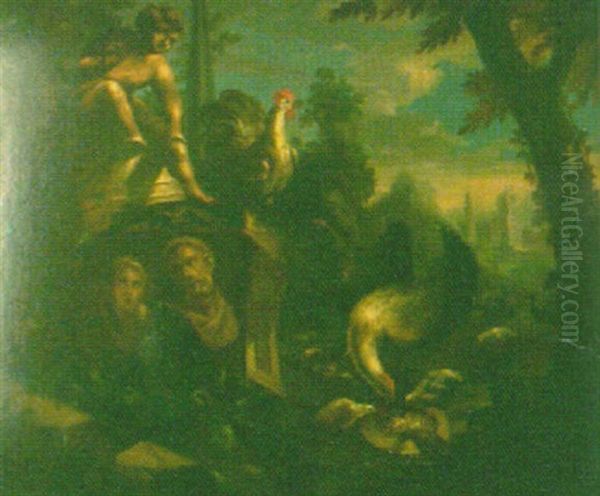 Chickens Feeding By Sculptures And Classical Ruins In A Landscape Oil Painting by Johann Georg Meyer von Bremen