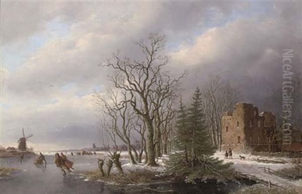 Figures Skating In A Frozen Winter Landscape Oil Painting by Anthony Andreas de Meyer