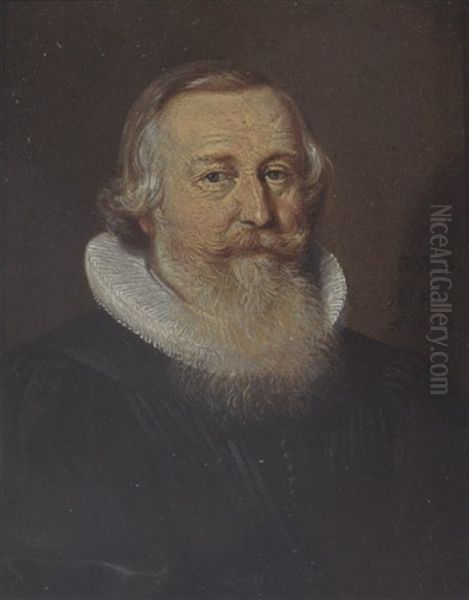 A Portrait Of An Elderly Bearded Gentleman Aged 46, Wearing A Black Coat And A White Lace Collar Oil Painting by Conrad Meyer