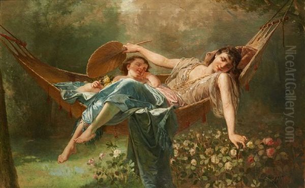 Mere Et Enfant Faisant La Sieste Dans Le Hamac Oil Painting by Emile Meyer