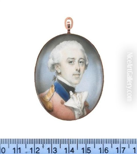 An Officer, Wearing Red Coat, Blue Collar, Gold Epaulettes, White Waistcoat, Chemise And Black Stock, His Powdered Wig Worn En Queue With A Black Ribbon Bow Oil Painting by Jeremiah Meyer