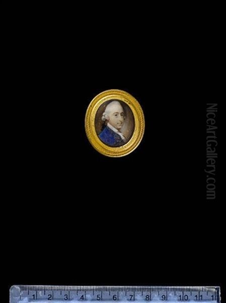 A Gentleman, Wearing Blue Coat, The Lapels Embroidered With Gold, White Chemise With Frilled Lace Cravat And Powdered Wig Worn En Queue With A Black Ribbon Bow Oil Painting by Jeremiah Meyer