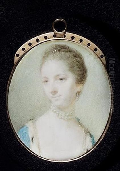 A Lady Wearing Ermine-trimmed Blue Open Robe, Choker Of Crossed Strands Of Pearls, Drop Pearl Earring And Pearls In Her Upswept Hair Oil Painting by Jeremiah Meyer