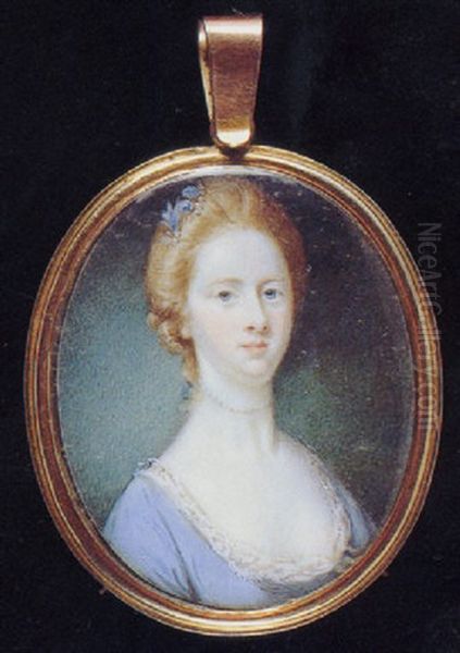 A Lady, In Pale Blue Dress With White Lace Underslip, String Of Pearls Around Her Neck Tied With Blue Ribbon Oil Painting by Jeremiah Meyer
