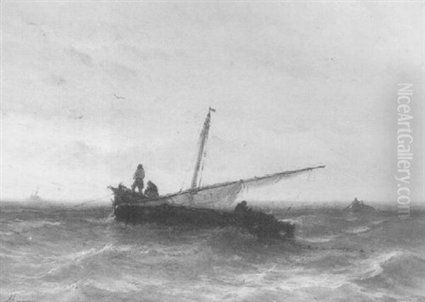 Visserbootje Met Gestreken Zeilen Op Een Kalme Zee Oil Painting by Johan Hendrik Meyer