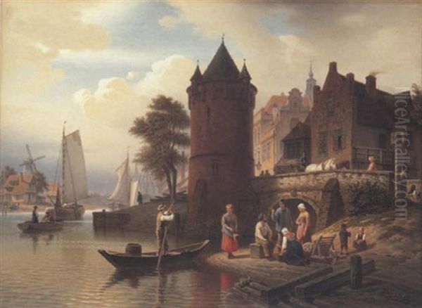 A View Of A Harbour Town With Figures Conversing On A River Bank Oil Painting by Hermann Meyerheim