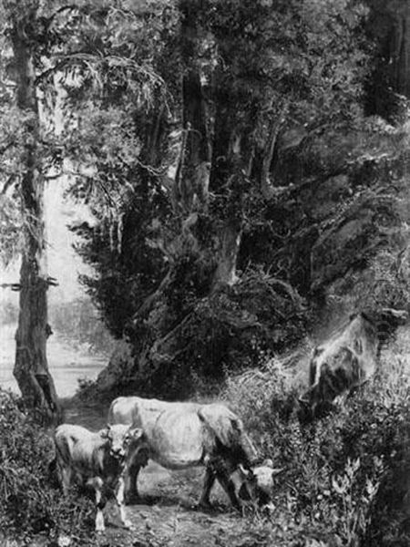 Kuhherde Am Waldhang, Im Hintergrund Ein See Oil Painting by Paul Friedrich Meyerheim