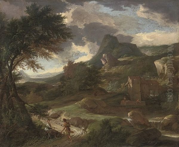 A Mountainous Wooded Landscape With A Shepherd And A Shepherdess On A Track, A Mill Beyond Oil Painting by Albert Meyeringh