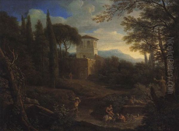 Ideale Landschaft Mit Einem Schlos Und Figuren Oil Painting by Albert Meyeringh