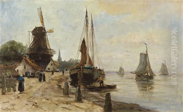 Un Fleuve En Hollande Avec Personnages Oil Painting by Alme Leon Meyvis