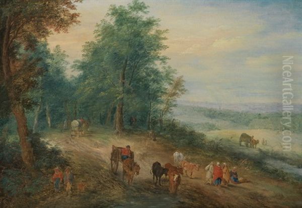 Waldweg Mit Bauern In Karren Und Bauern Mit Vieh Oil Painting by Theobald Michau