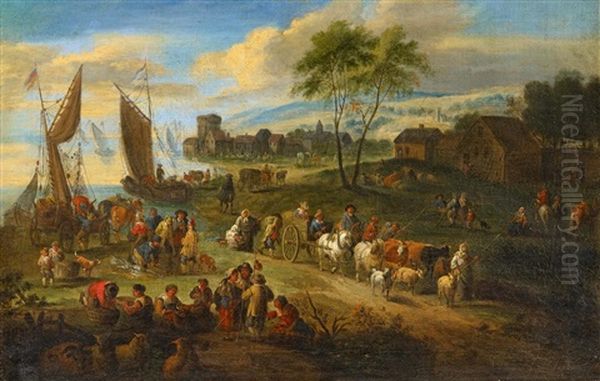 Zwei Vielfigurige Flamische Landschaften Oil Painting by Theobald Michau