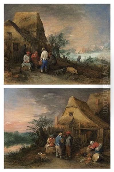 Peasants Drinking Outside A Farm Cottage (+ Peasants Drinking And A Woman Washing Dishes Outside A Farm Cottage; Pair) Oil Painting by Theobald Michau