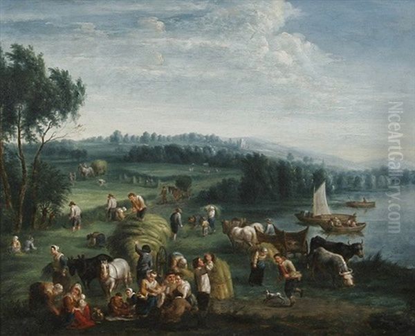 Rastende Bauern Am Ufer Eines Gewassers Oil Painting by Theobald Michau