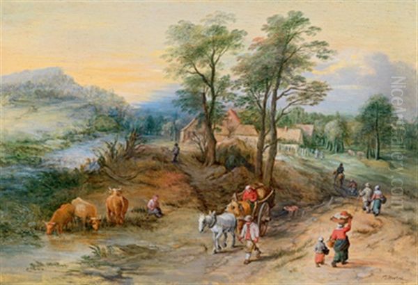 Bewaldete Landschaft Mit Reisenden Und Einem Pferdefuhrwerk Oil Painting by Theobald Michau