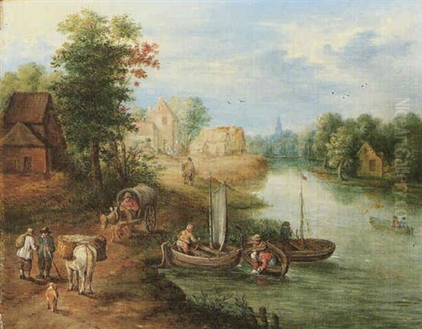 A View Of A Riverside Village With Fishermen And Travellers On A Path Oil Painting by Theobald Michau