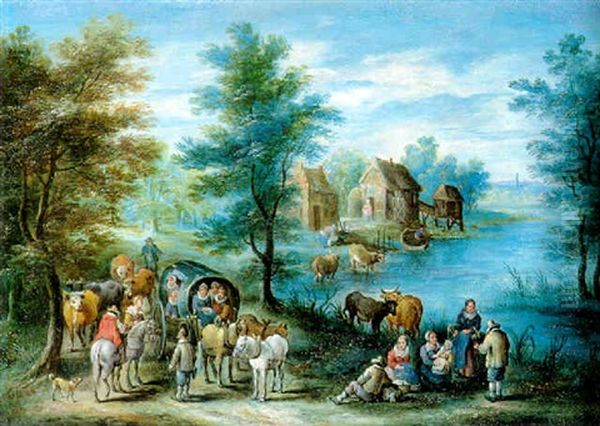 Paysage Fluvial Anime Oil Painting by Theobald Michau