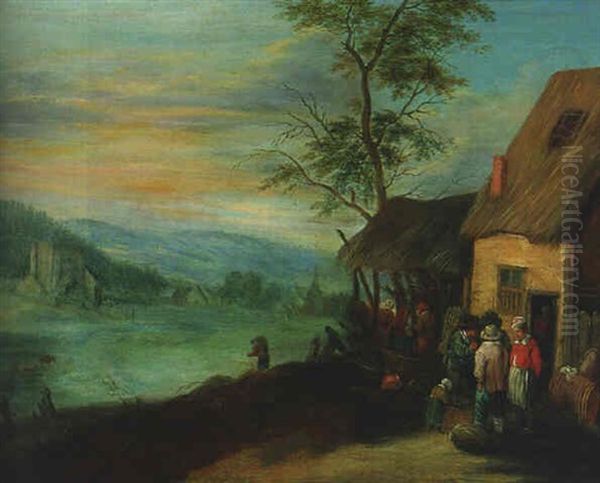 An Extensive Landscape With Peasants Outside A Barn Oil Painting by Theobald Michau