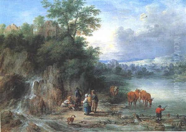 Le Repos Des Bergers Pres D'une Cascade Dans La Campagne Flamande Oil Painting by Theobald Michau