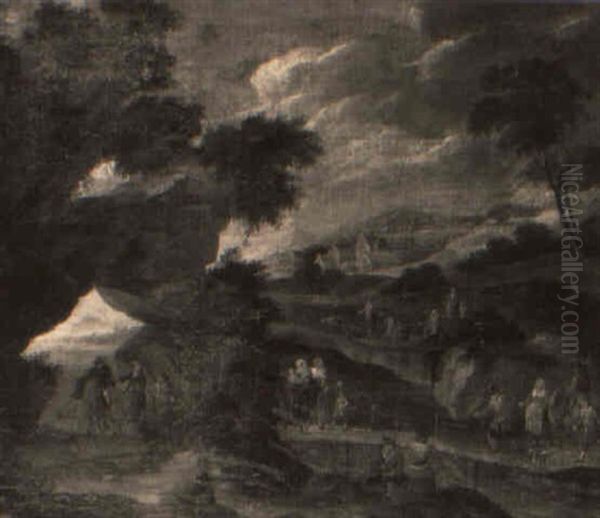 A River Landscape With Travellers Crossing A Bridge Oil Painting by Theobald Michau