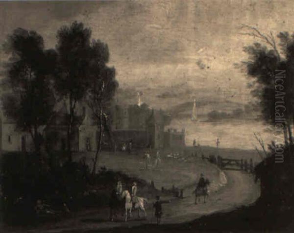 Elegant Figures And A Beggar On The Road To Town Oil Painting by Theobald Michau