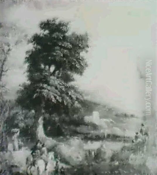 A Wooded River Landscape With A Horseman Taking Directions  On A Road Oil Painting by Theobald Michau