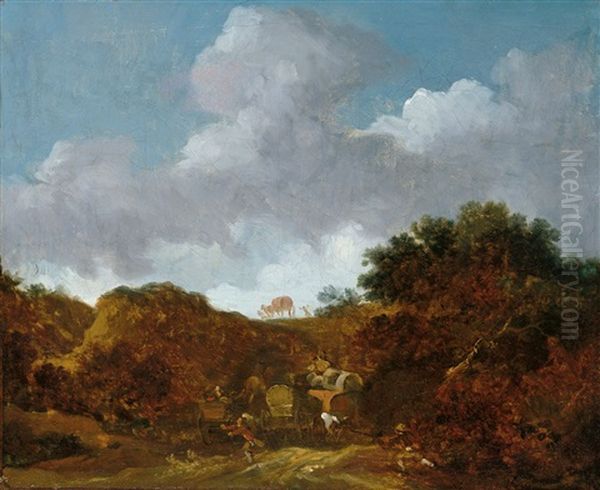 Bewaldete Landschaft Mit Einer Uberfallenen Wagenkolonne Oil Painting by Georges Michel