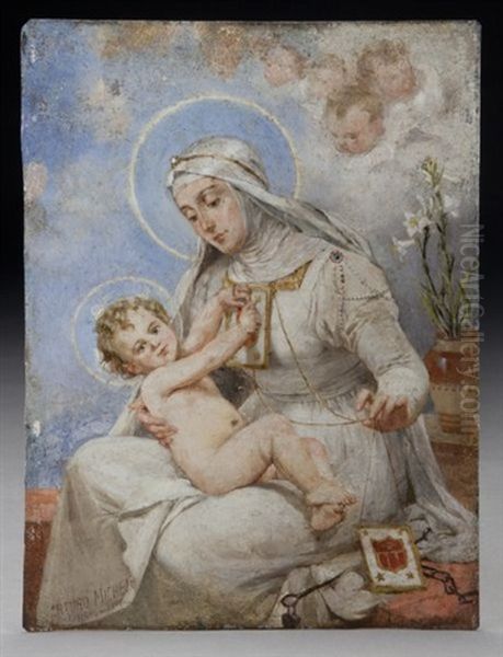 Virgin And Child With Lilies Oil Painting by Arturo Michelena