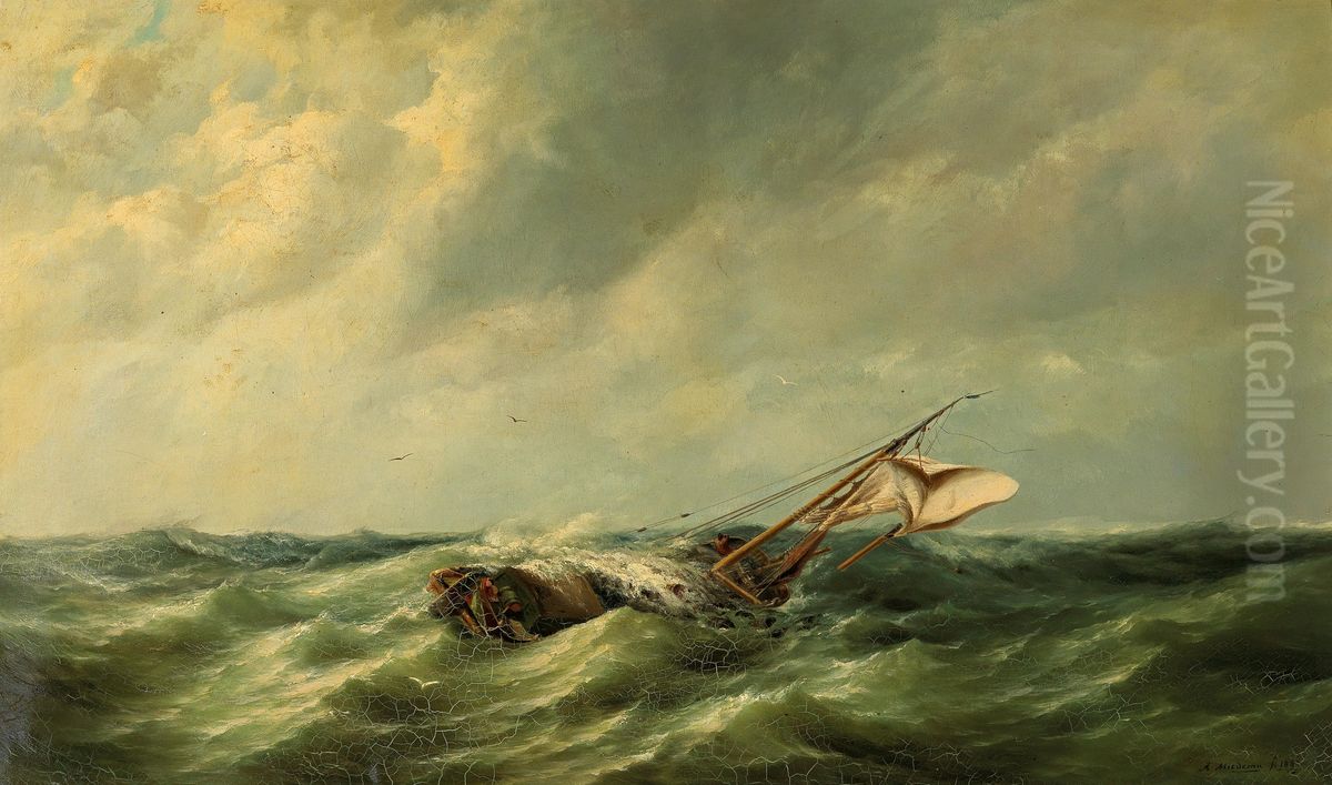 Fishing Boat In Rough Seas Oil Painting by Rein Miedema