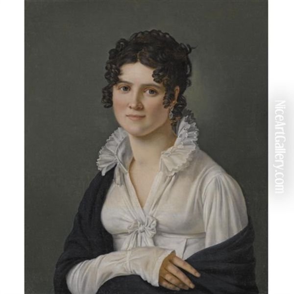 Portrait Of A Lady, Half Length, Wearing A White Muslin Dress And A Black Shawl Oil Painting by Jean Mieg