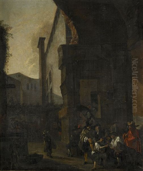 Torgscen Med Antika Ruiner Oil Painting by Jan Miel