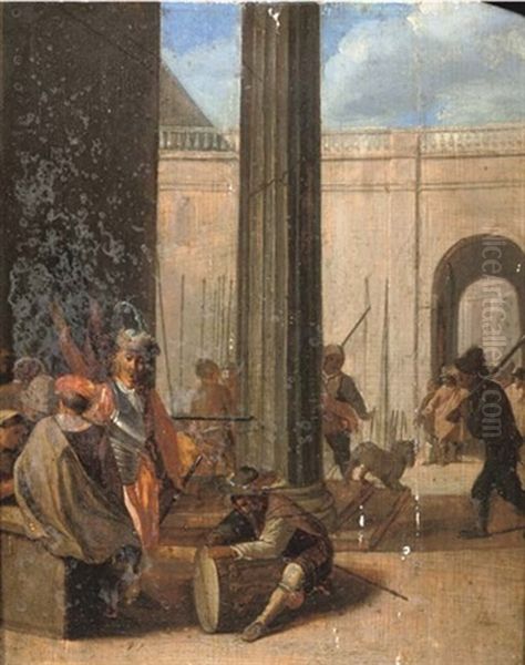 Soldiers Conversing Amongst Classical Buildings Oil Painting by Jan Miel