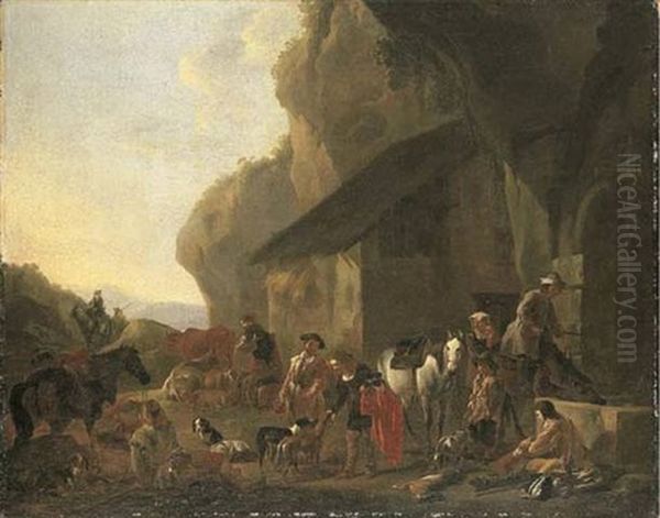 A Landscape With Peasants Outside An Inn Oil Painting by Jan Miel