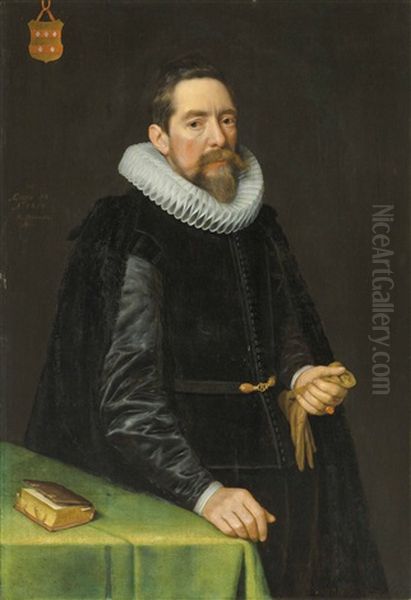 Portrait Of Nicolaes Gael (1565-1638), Three-quarter Length, Standing By A Table With A Book Oil Painting by Michiel Jansz. van Mierevelt