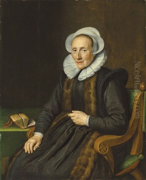 Portrait Of A Lady, Identified As Maria Mollen (1555-1621), Three-quarter-length, In A Black Fur-trimmed Gown, Seated At A Table With A Book Oil Painting by Michiel Jansz. van Mierevelt
