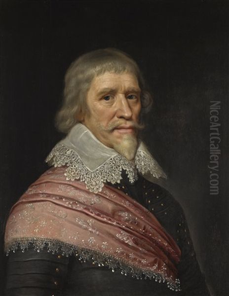 Portait Of Edward Cecil, 1st Viscount Wimbledon (1572-1638), Half-length, Wearing Armour, A Pink Sash And A Lace Collar Oil Painting by Michiel Jansz. van Mierevelt