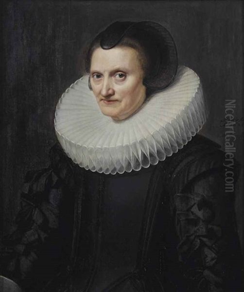 Portrait Of A Lady, Said To Be Elisabeth Berwaerts Van Crompvliet, Half-length, In A Black Dress With A 'molensteenkraag' And A Black Headdress Oil Painting by Michiel Jansz. van Mierevelt