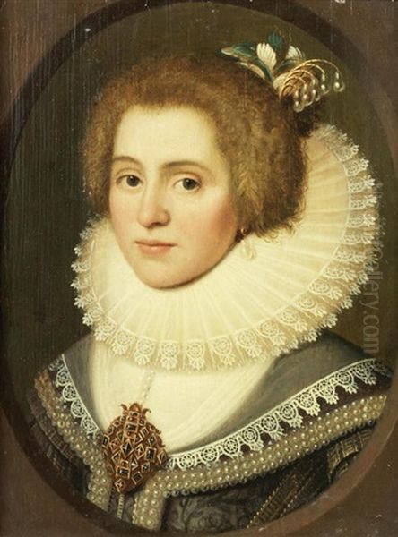 Portrait Of Amalia Van Solms -braunfels, Bust-length, In An Embroidered Dress, Within A Painted Oval Oil Painting by Michiel Jansz. van Mierevelt