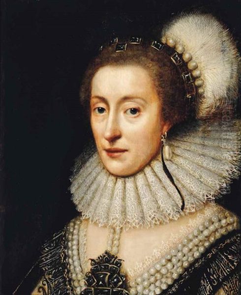 Portrait Of Elizabeth Stuart (1596-1662), Queen Of Bohemia, The Winter Queen, Bust-length, In A Black Embroidered Dress Encrusted With Jewels, Wearing A White Lace Ruff And A Plumed Headdress Oil Painting by Michiel Jansz. van Mierevelt
